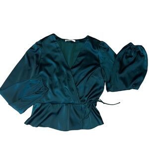 Abercrombie Long-Sleeve Satin Teal Wrap Blouse